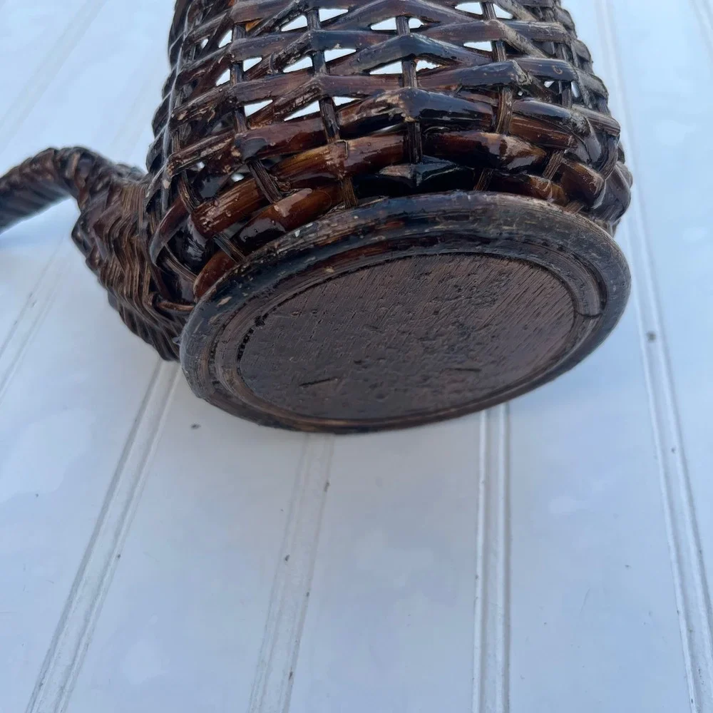 Vintage Dark Brown Wicker Smoking Pipe Shaped Basket Novelty Decor Wood Base
